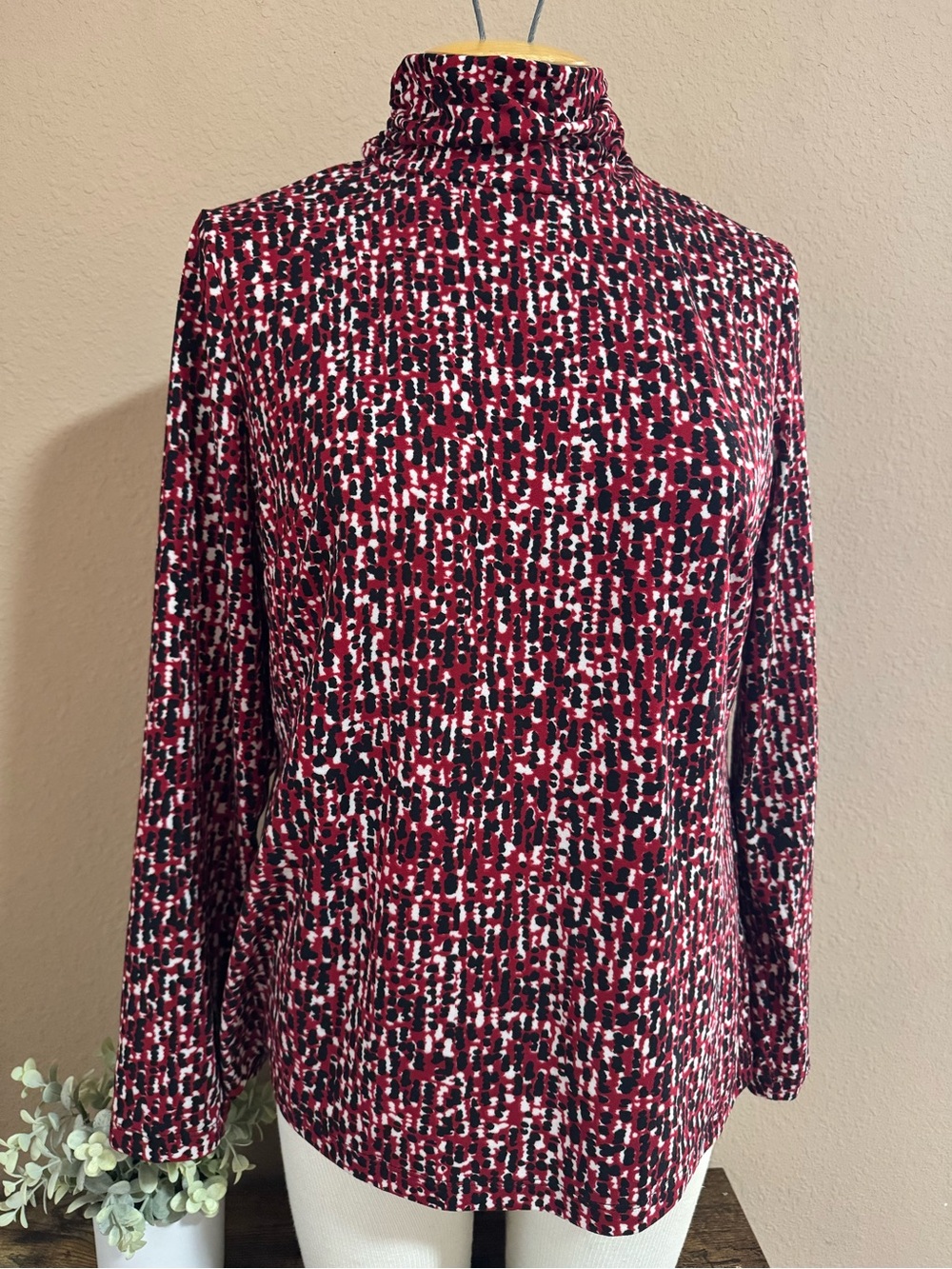 Susan Graver Red Black White Patterned Turtleneck Top QVC